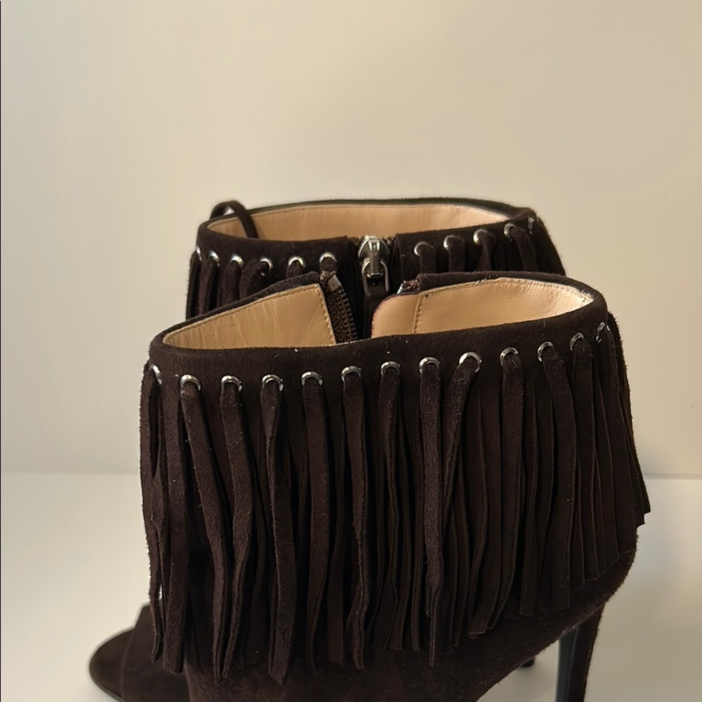 Fringed Brown High Heel Ankle Boots - Picture 5 of 6